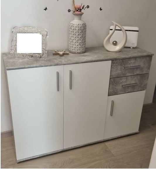 credenza moderna soggiorno salotto cucina ingresso mobile madia mobiletto buffet cassetti legno bianco e grigio cemento T2056,58,0S